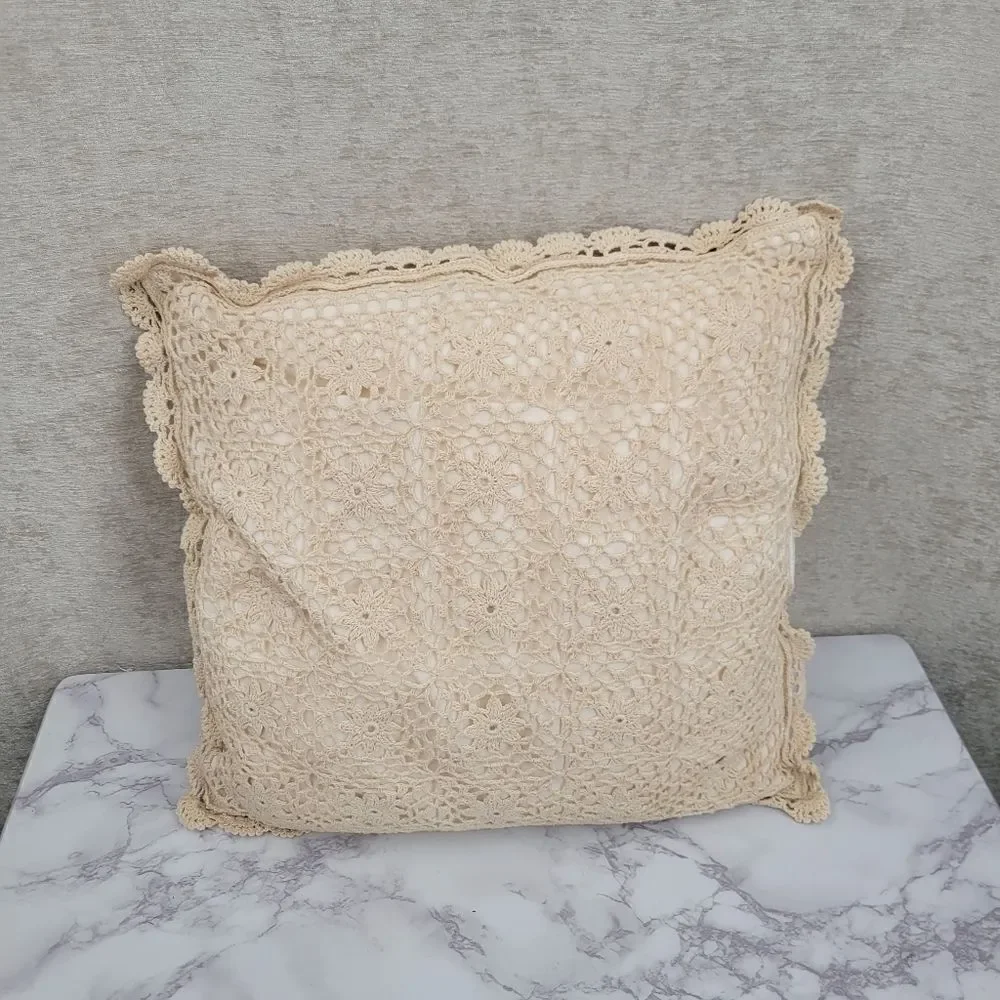 Vintage Cream Hand Crochet Lace Cotton Pillows Set of 2